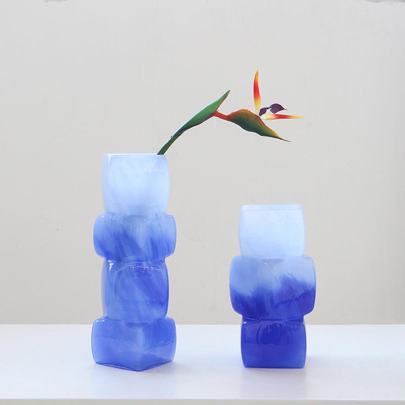 何中古渐装变蓝风色几方块花瓶餐桌软酒店电视柜台面装饰玻645璃