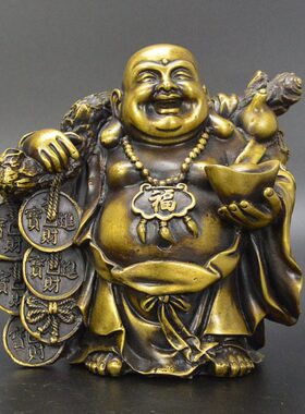 黄铜弥勒佛铜摆件挑金币笑佛仿古古玩铜器工艺品客厅办公室摆设