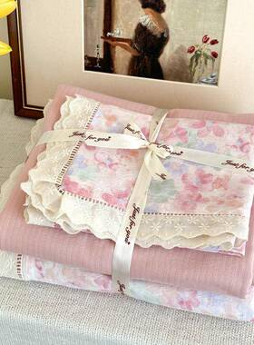 新款云感双纱镂空花边四件套皱单双人笠皱棉宿UDO舍床层单床款三