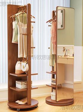 实木收可旋转穿衣镜家37594用落地移动纳帽衣架一可体全身镜卧室