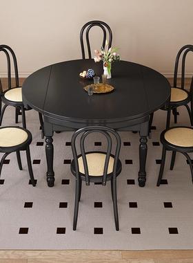 复古法式实木伸桌缩圆形餐大小户型用家NML美式黑色奶油风折可叠