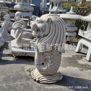 石雕鱼尾麻吐水动狮物雕塑城市广水池喷水鱼场尾狮芝fdd-86白汉白