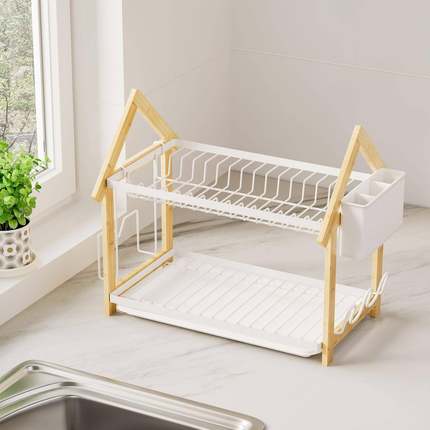 现代日式厨WD068房碗碟筷子收实架纳沥水家双层木防潮置用物架