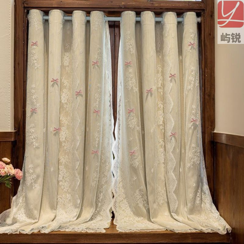 全遮光法式隔热防窥遮阳窗帘卧室遮光蕾丝双层出租屋短帘成品屿锐