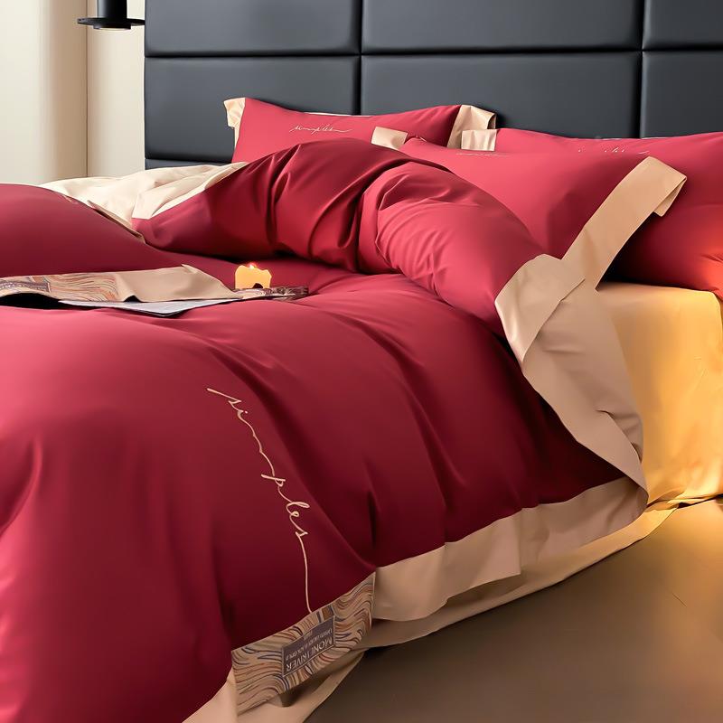 AM轻高端1套00S澳棉长绒棉四件婚套庆红色全棉床单纯奢棉刺绣被床