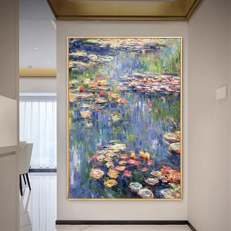 雪川莫睡奈莲名玄关装画轻奢厚肌理饰感大芬村手绘油画画客莫奈睡