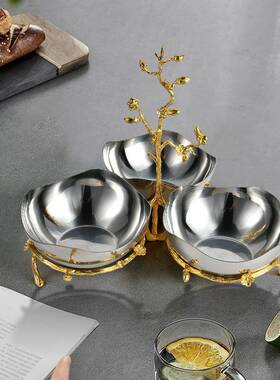 轻奢别墅金枝GS9066散叶三格不锈拉果盘摄沙盘欧式轻奢样板钢间拍