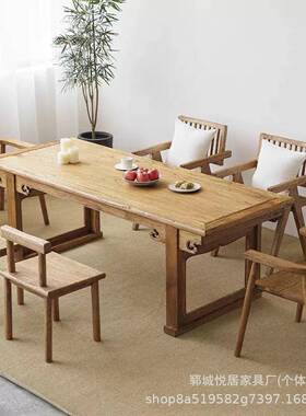 老木茶店桌实木民宿酒老餐桌椅组榆合门板长条桌办公会议CQD桌工