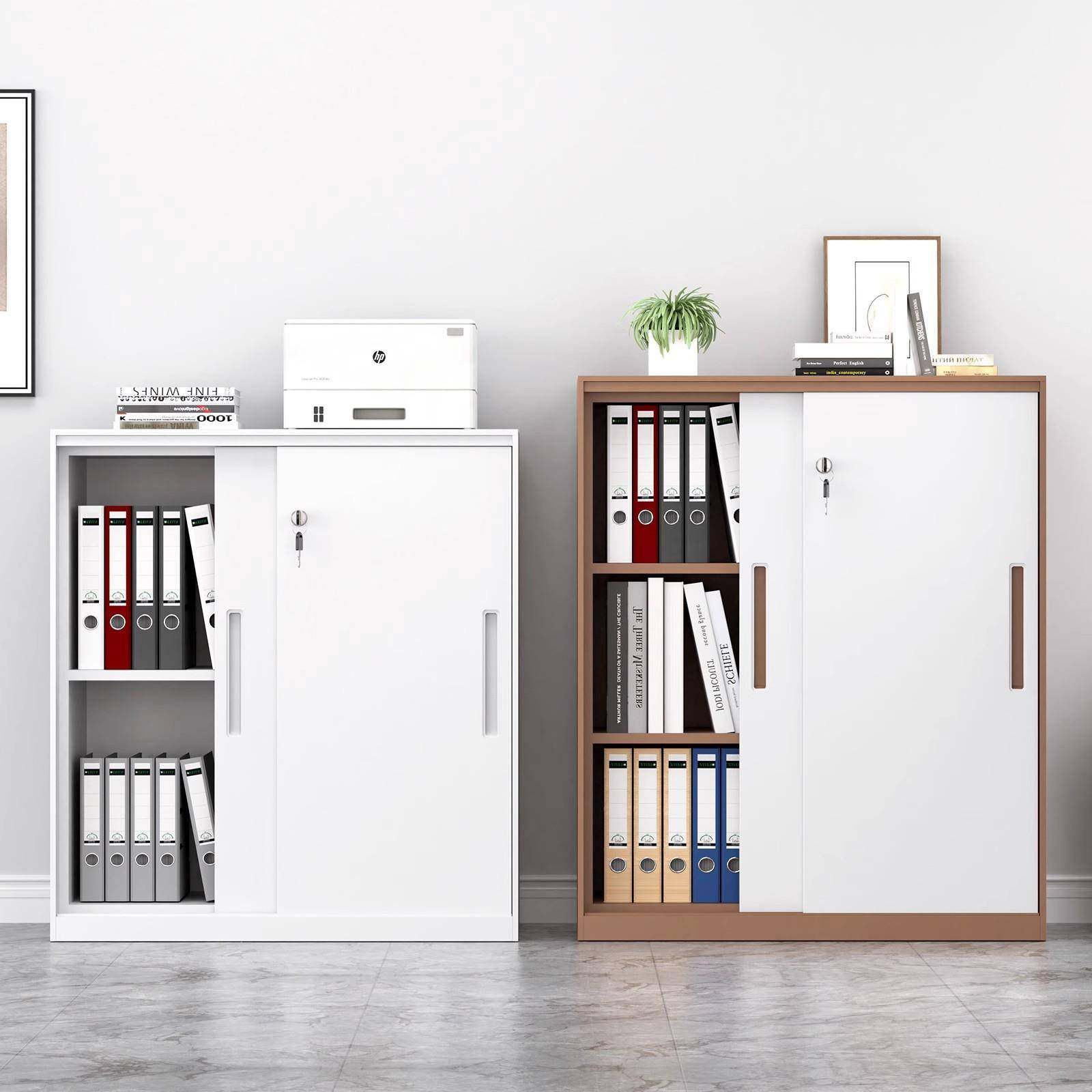 办公矮室文件柜靠移门矮柜墙储物柜锁铁皮收纳柜带推移门桌拉边柜