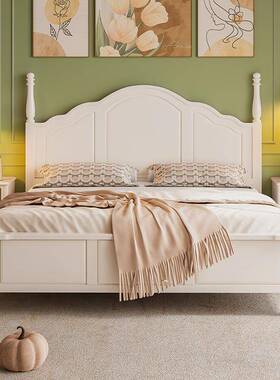 式油风实木床简约现代1米8大床架1.5m女生TDE卧室白色法美奶式公