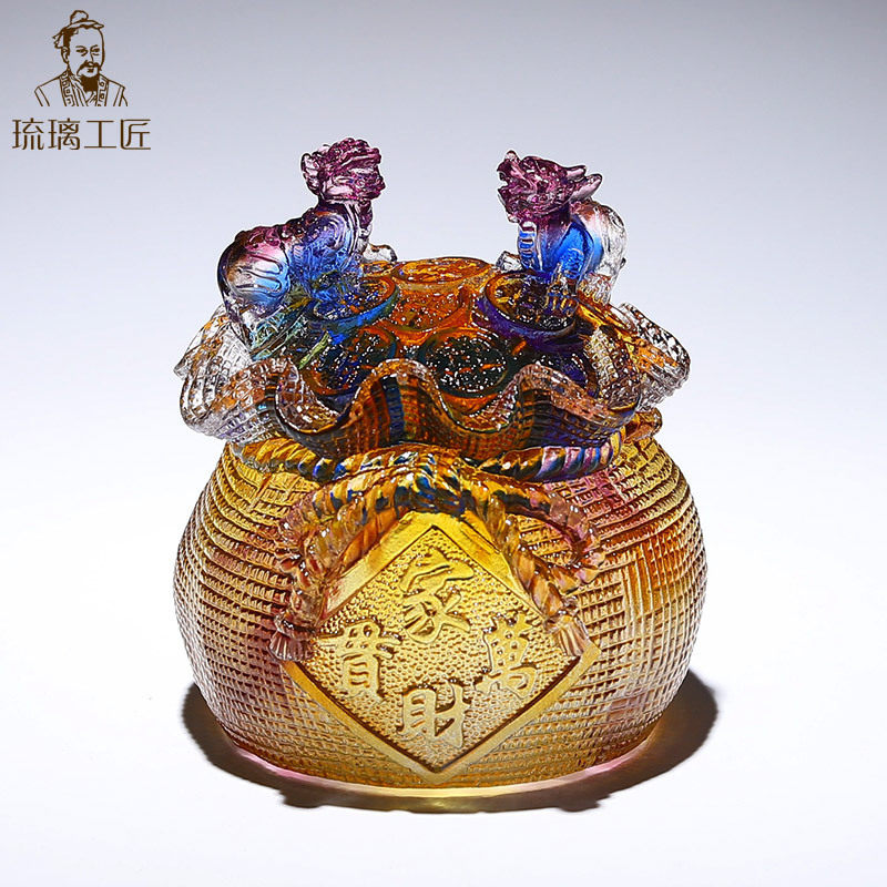 琉璃家财万贯招财钱袋貔貅聚宝盆摆件风水招财客厅玄关装饰工艺品