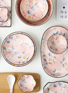 整箱工厂直JBZ发网红碗茶花碟下陶瓷餐具用日式釉彩家米饭碗菜盘