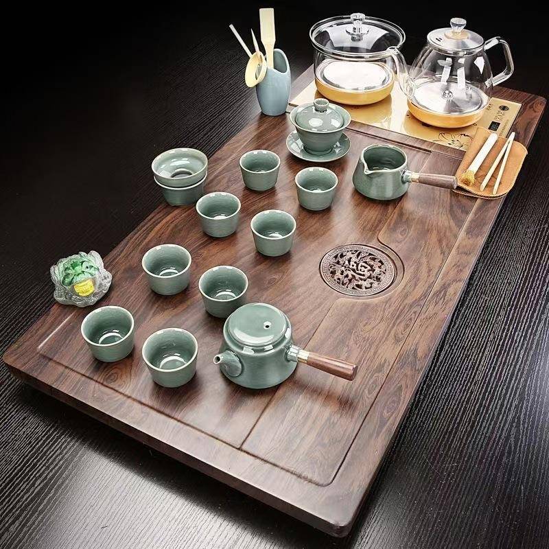 整套仿生木茶盘茶夫套装陶瓷茶具jc3362套装江功南春具棕色盘套茶