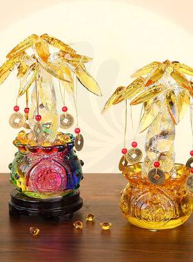 新款意创树黄水晶玻璃工艺品招财居树65602摆件发财摇钱树家装饰