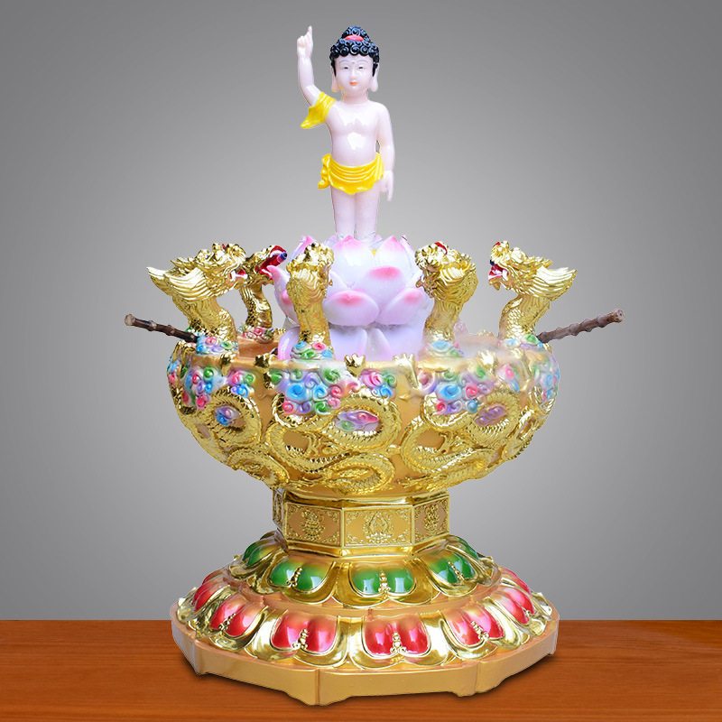 浴佛盆九龙吐水太子像浴佛盘套装汉白玉粉树脂佛诞浴佛节用品摆件