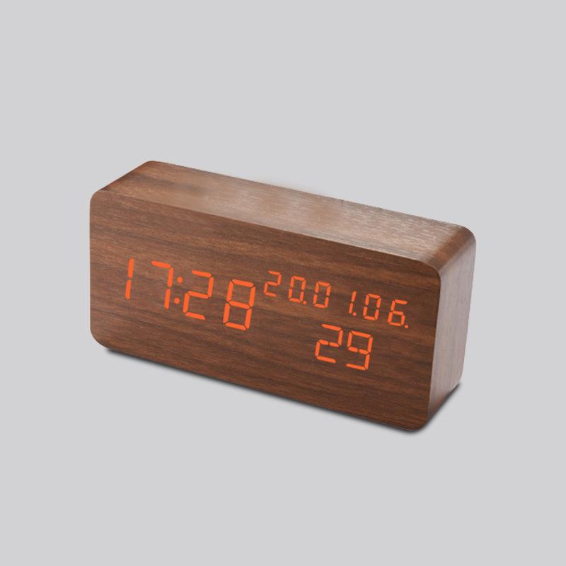 创意控2802智能ELD闹钟木头钟木制家居坐钟万年历静音声数字木头