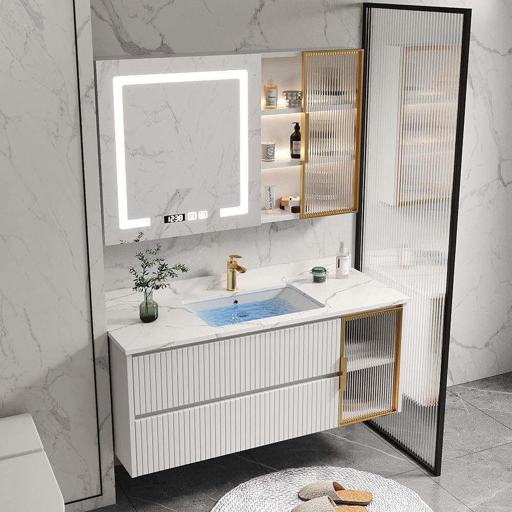 现代简约木烤瓷漆浴室柜组合岩清板陶一体盆小晰洗手脸橡台242洗