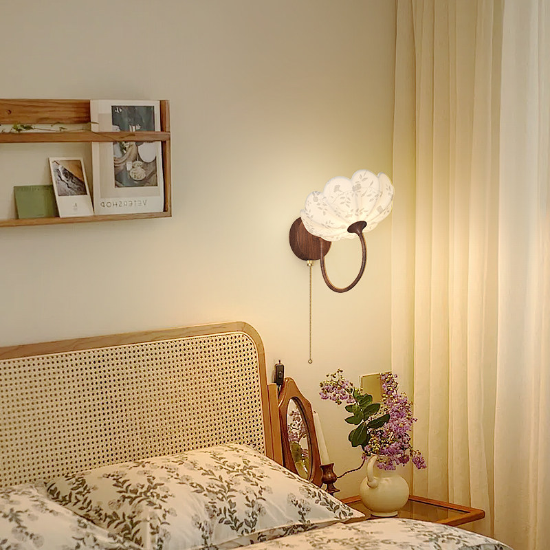 宋式美学新中式复古壁灯卧室床头灯中古风印花布艺过道走廊楼梯灯