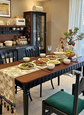 法式木复古实餐桌黑色板桌家用圆小户椭美式可折叠长KBC桌中古饭