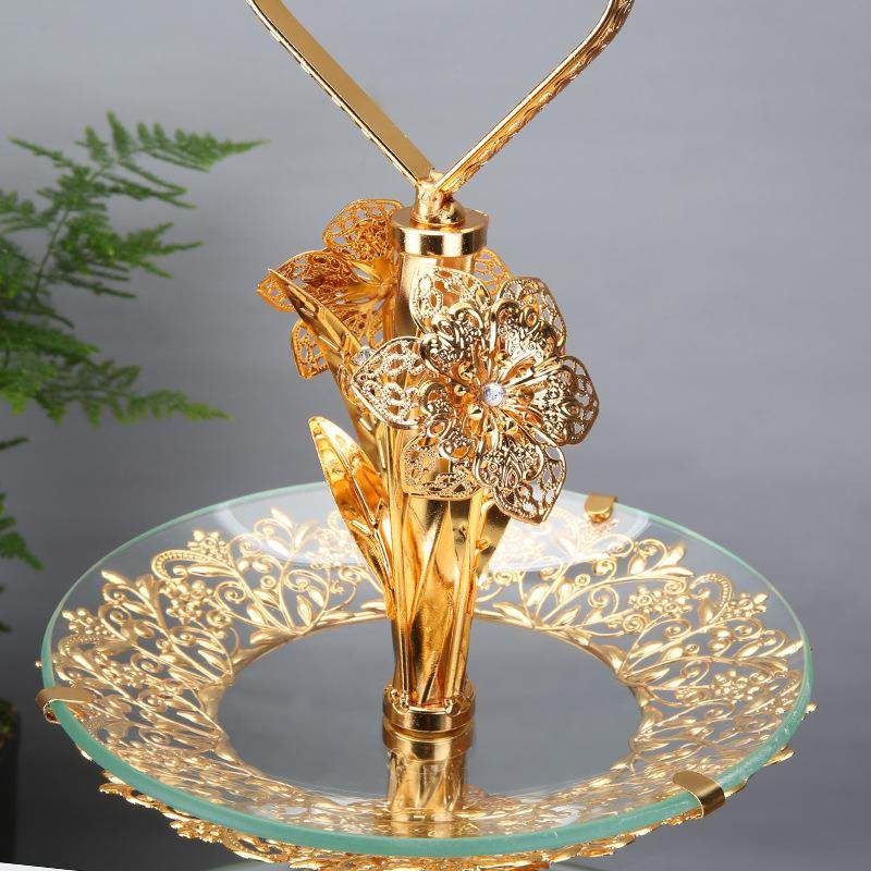 玻璃水果居果盘家用茶几欧式合金家饰品双层盘摆装件时KQH尚创意