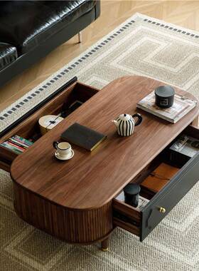 南式美胡桃木法复古客茶几厅家EIE用椭形新款黑色小户型茶圆几