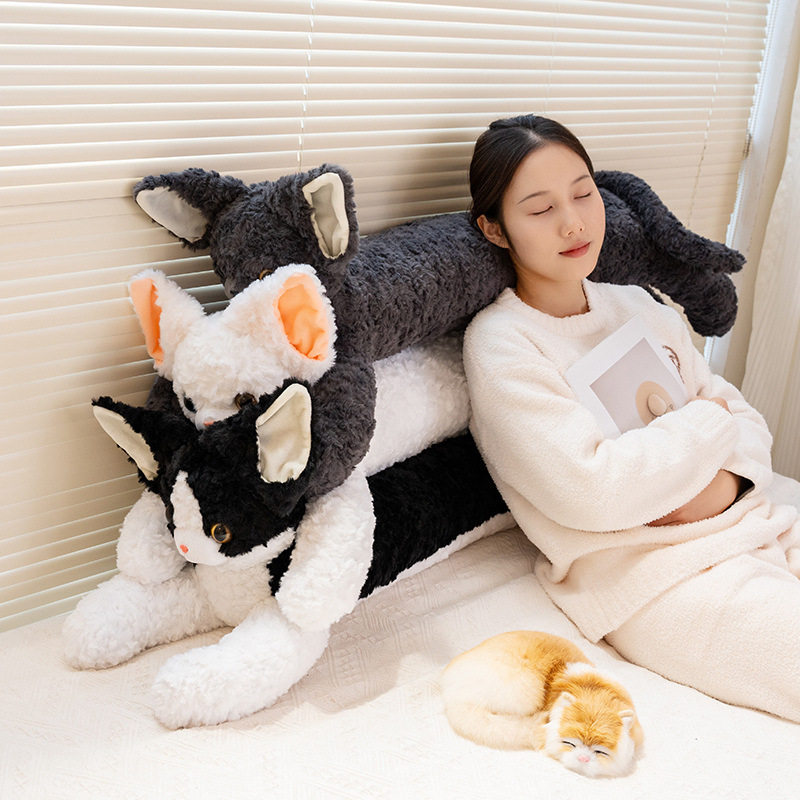 跨境卡通可爱德文美猫咪长条抱枕卡奇德文猫卷毛黑猫侧卧夹腿抱枕