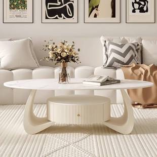 2025茶几奶油风岩板茶几椭圆形屋茶几家型用厅出客租小户简NPQ约