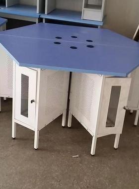 学校六边形电脑皮桌六角钢生制铁微机室八边TEW桌学机房钢木课桌