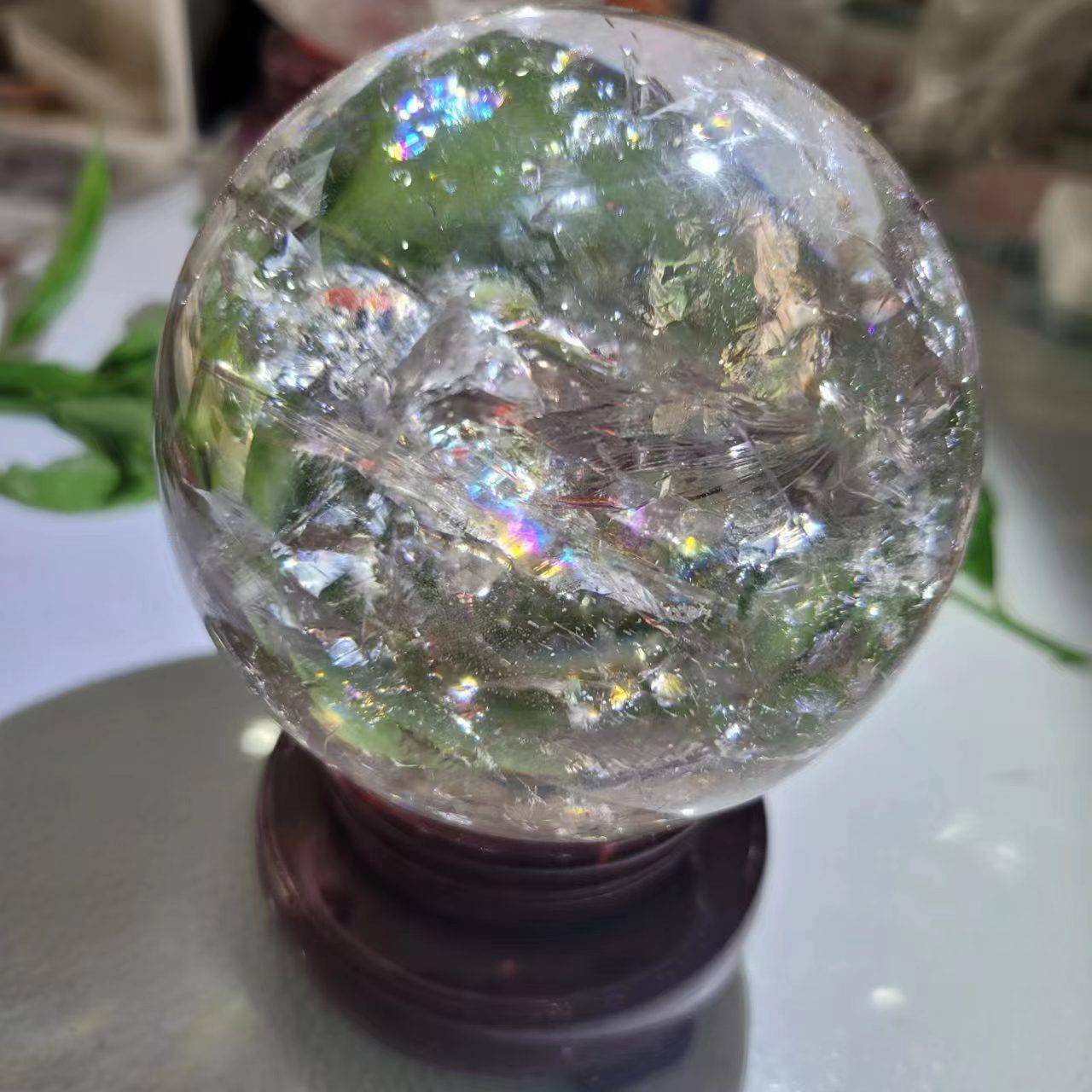 彩天然巴西白阿塞虹水晶水晶球摄道拍具风水球开品业YPK室内