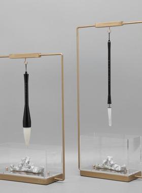 摆新中式文房1122四宝创意房太湖毛石笔架镀金金属挂架书件