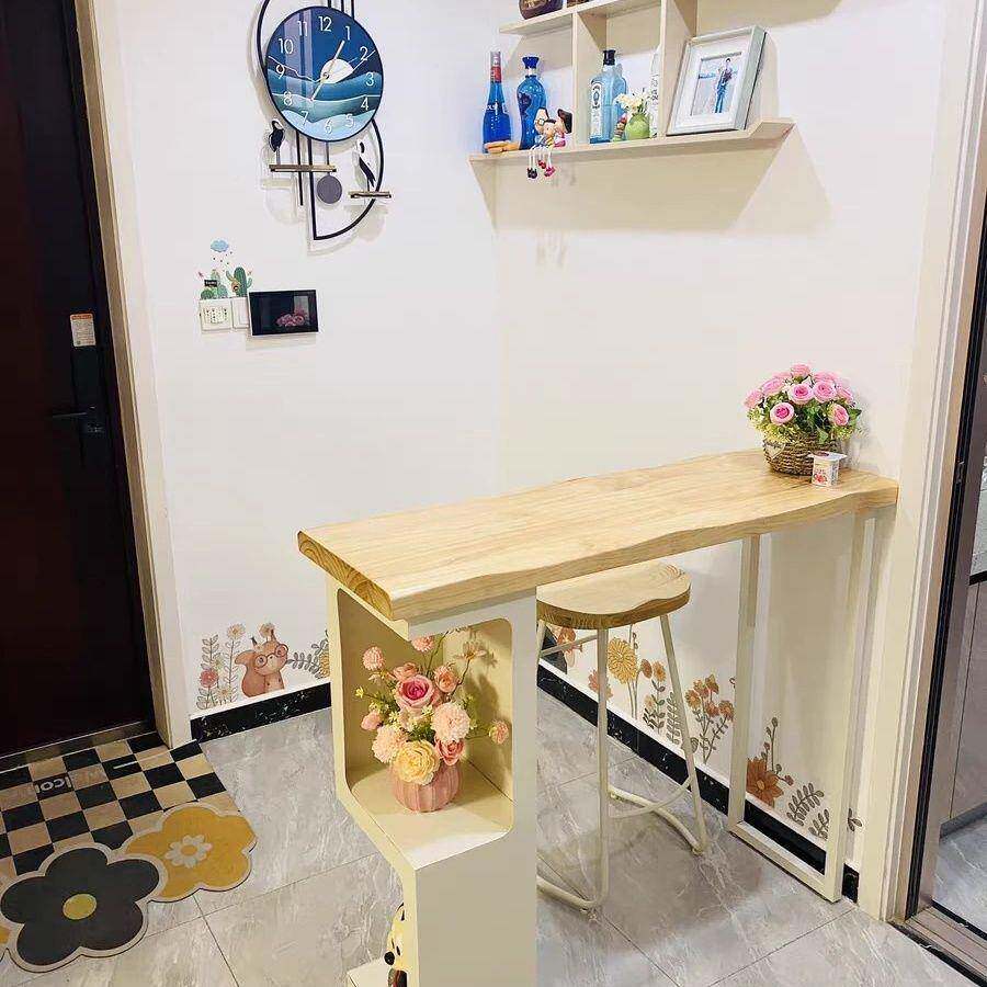奶油风实吧台桌厅客转处隔断柜小吧台阳台民宿靠木墙WPW创角意高
