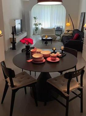 法式洽桌岩板圆餐桌纯白色ZEV谈现代简约圆家桌小户形型用饭桌椅