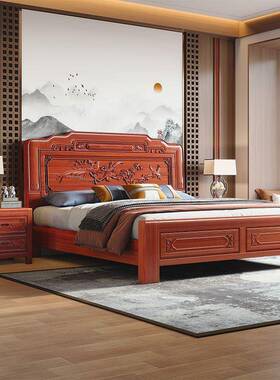 榆雕花梨木榫卯实木床双人古1.8中式典花主卧大床1.IOL檬5家用可