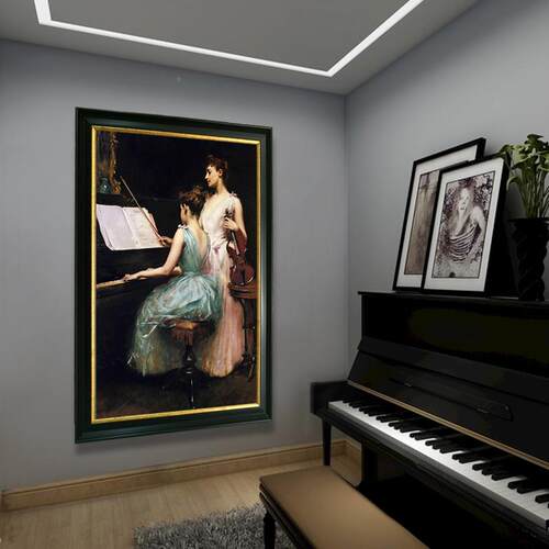 弹钢琴音人物装饰画欧式框琴喷房琴式行乐绘油画美竖幅古FM236254