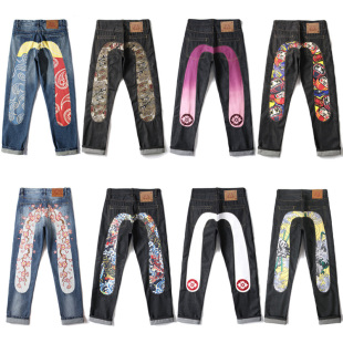 潮牌个性 男女装 大M韩版 休闲宽松修身 子 龙腾福神 直筒国潮裤 牛仔裤