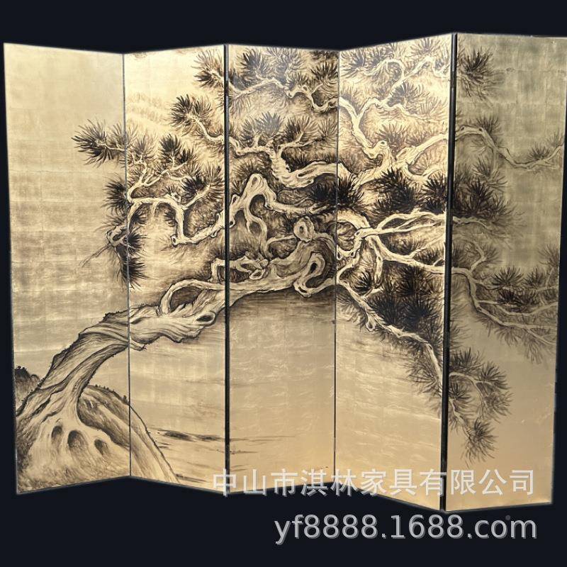 日式手绘金箔古松鹤中古风漆折画客可屏隔断移动厅古松树仙鹤屏典