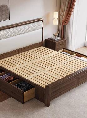 黑胡桃木全实木主床1.ABJ8音米现简约中式代卧软包榫卯结构静双人