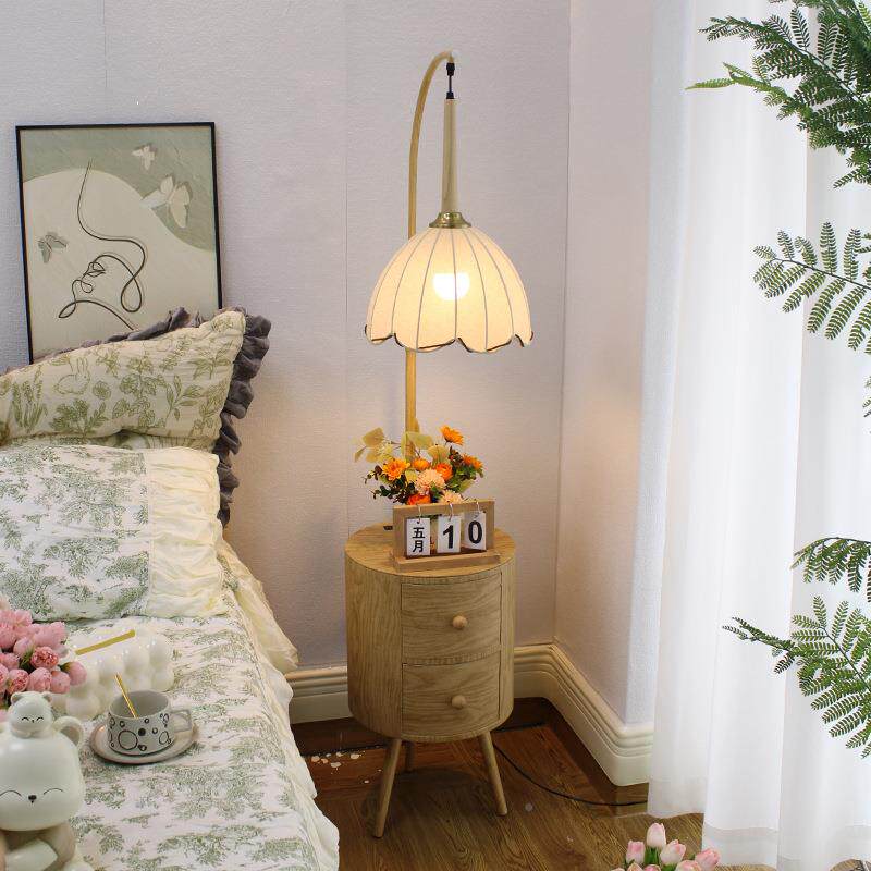 奶油风卧室落地灯318厅沙几发边置物架一体木色床头柜茶客几台原