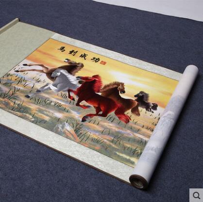 紫金湘绣卷轴挂画手工刺绣软裱马到成功壁挂客厅办公室湘绣精品