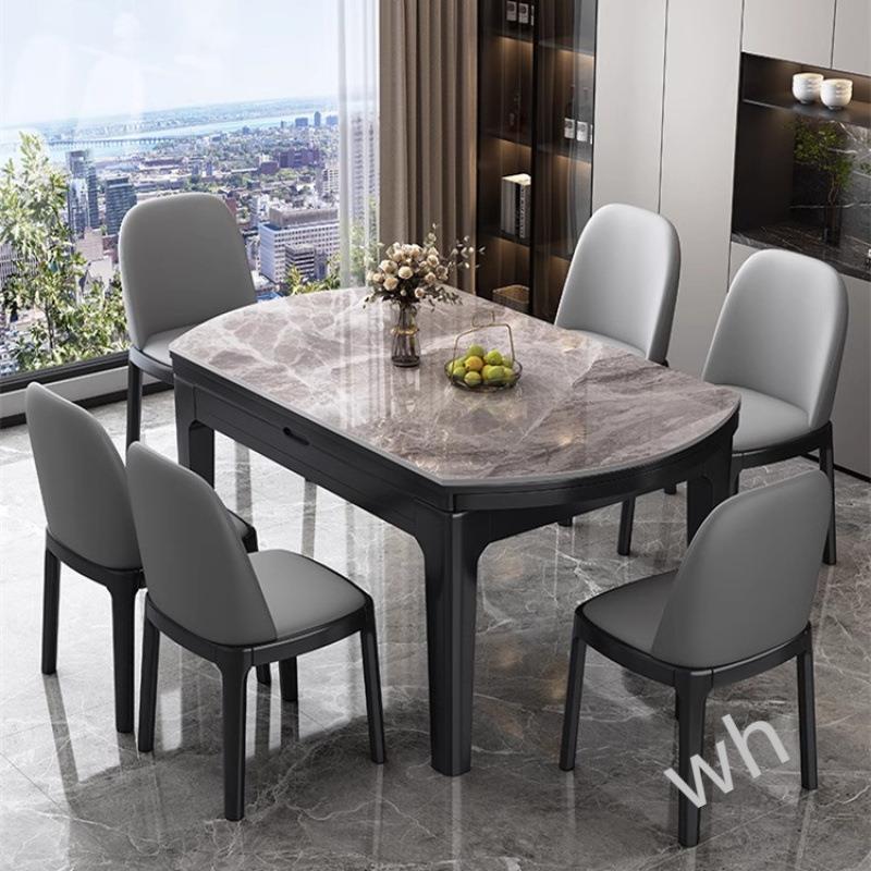 雯P1实木岩板餐桌餐桌椅组合现代简约伸缩轻奢折叠家用小户型圆形