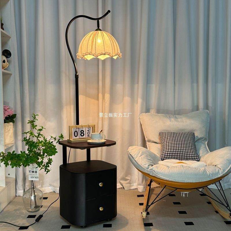 法式床头柜落地灯实木置ODW物架一体古式立台灯中卧室氛风围茶几