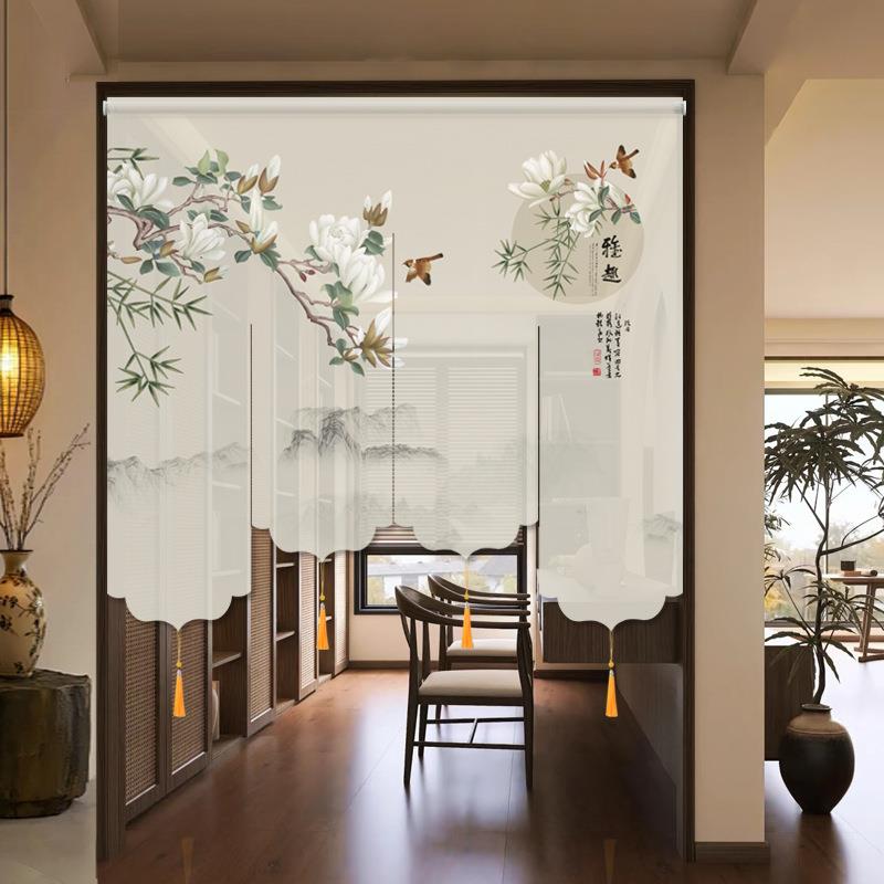 新中式门帘挂式屏风卷帘花鸟雅趣免打孔玄关挂帘茶室书房客厅隔断