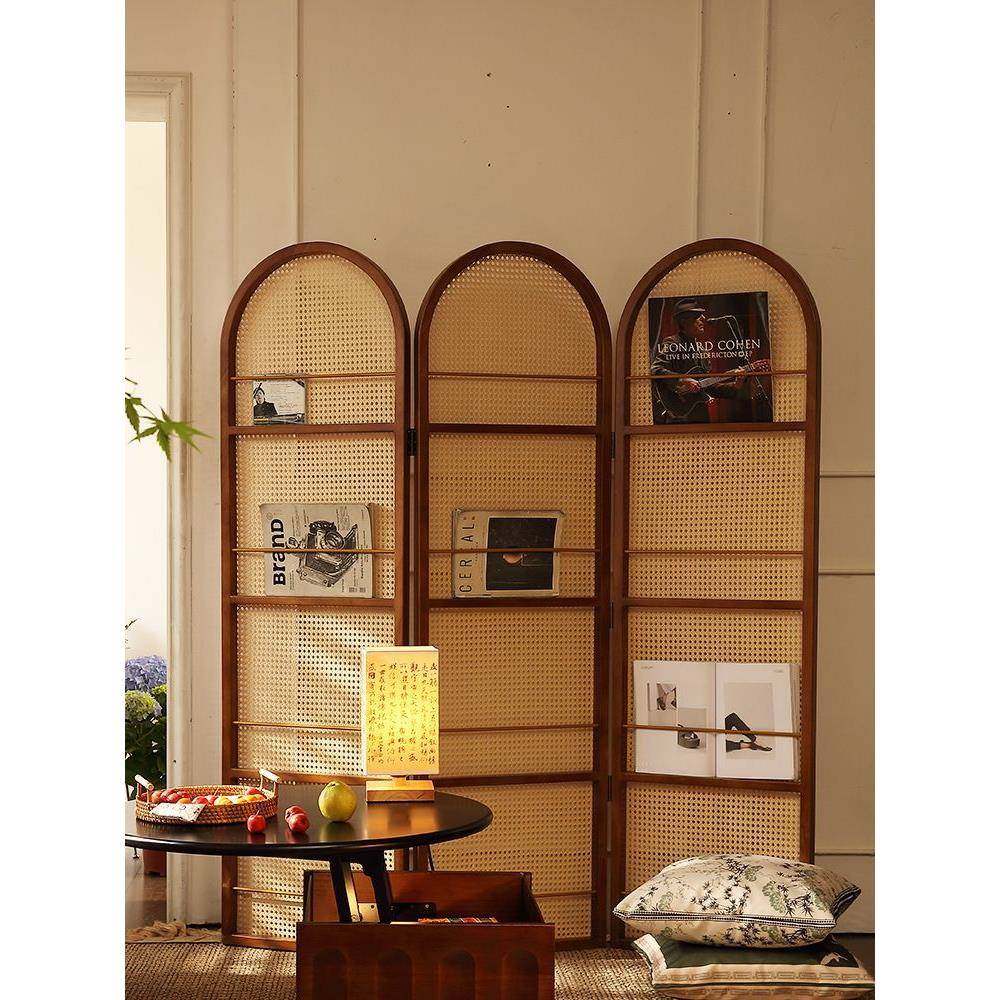 中复古移动藤编折叠屏风客厅卧室玄关入户正对门法式隔断置物书架