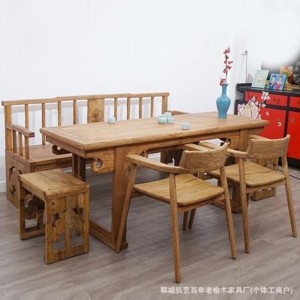 民宿家具实木餐桌椅组合新中式餐厅会客室老榆木茶桌风化门板书桌