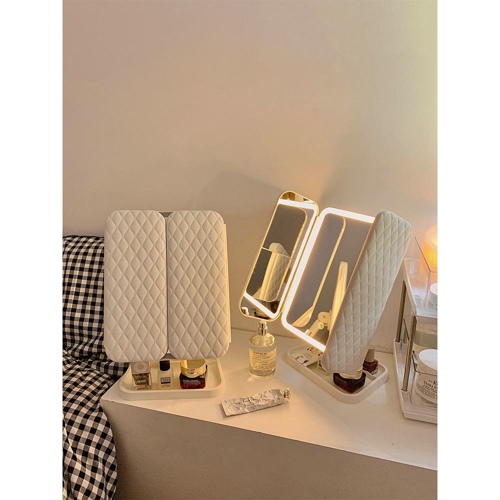 S贝壳双开门led化妆镜带灯收纳盒一体台式桌面折叠可调节镜子学R