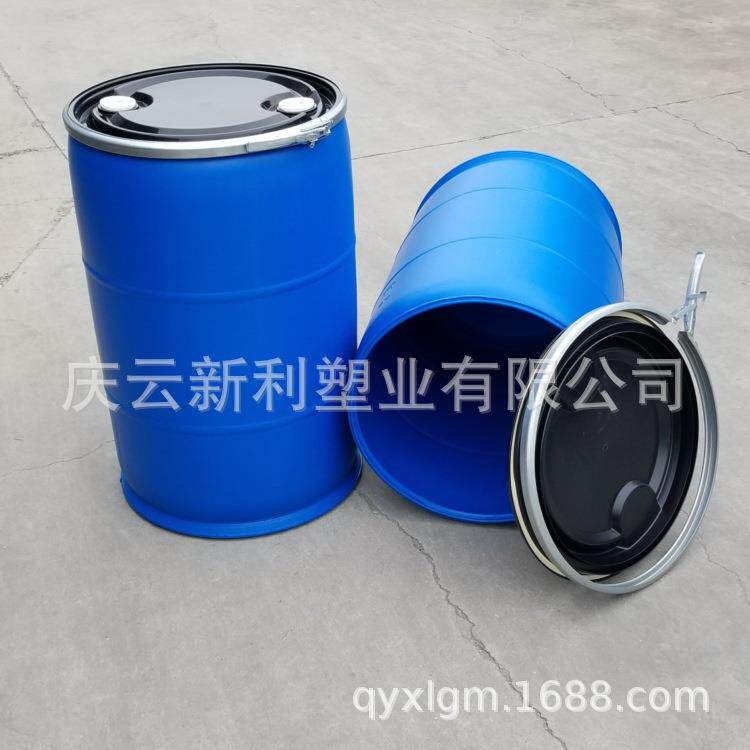 大口大蓝桶200升塑料桶200L直开口塑料桶有胶条密封卡箍包盖