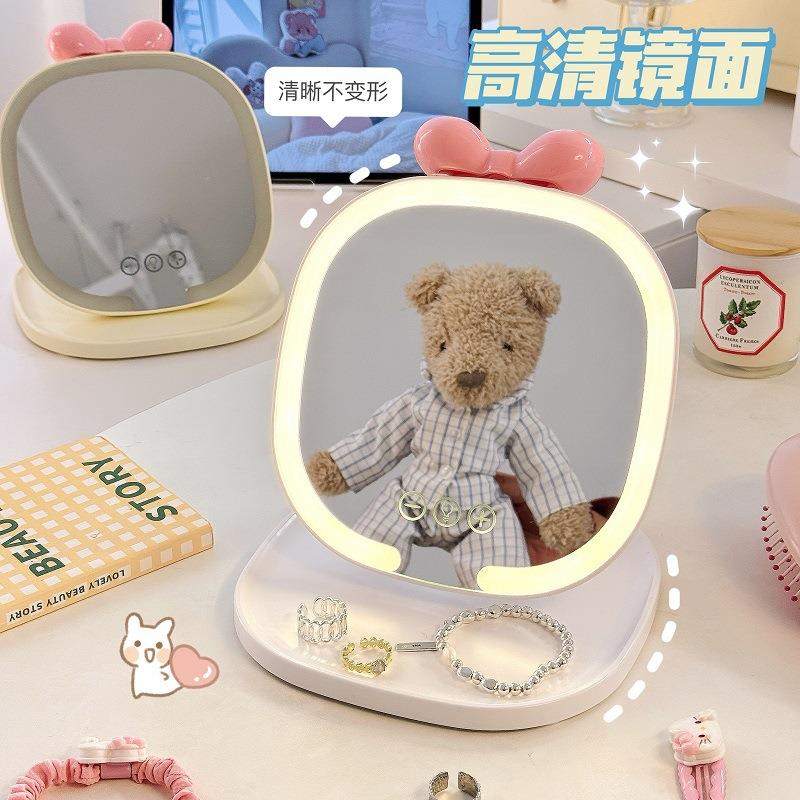 便携折叠化妆镜带灯补光桌面台式公主镜可爱蝴蝶结女生随身镜