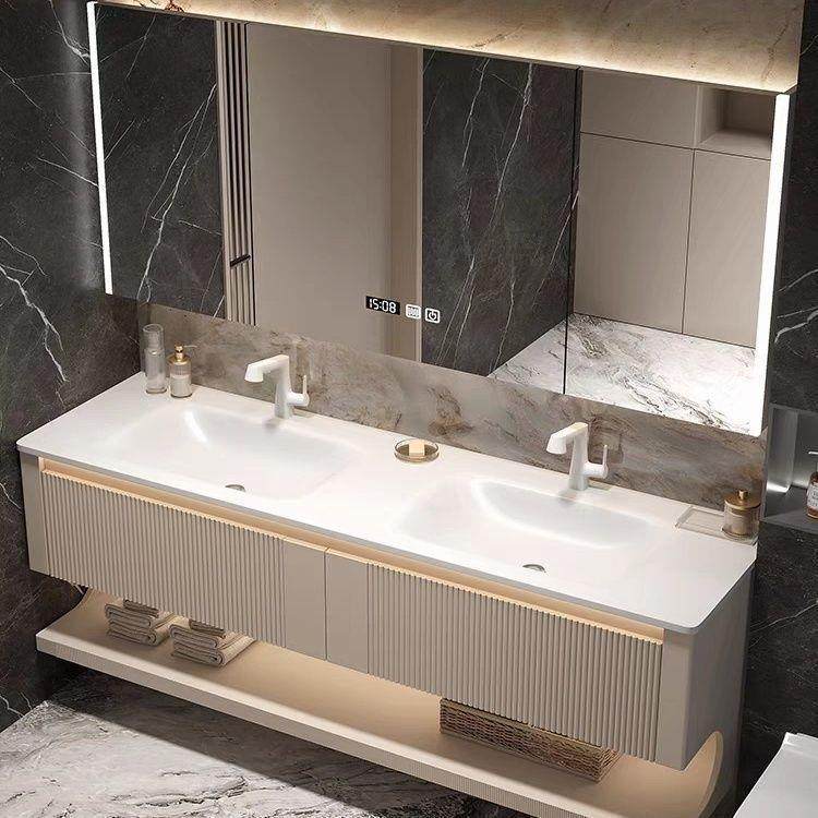 岩板热弯一体双盆橡木浴室柜组合现代奶油风卫生间