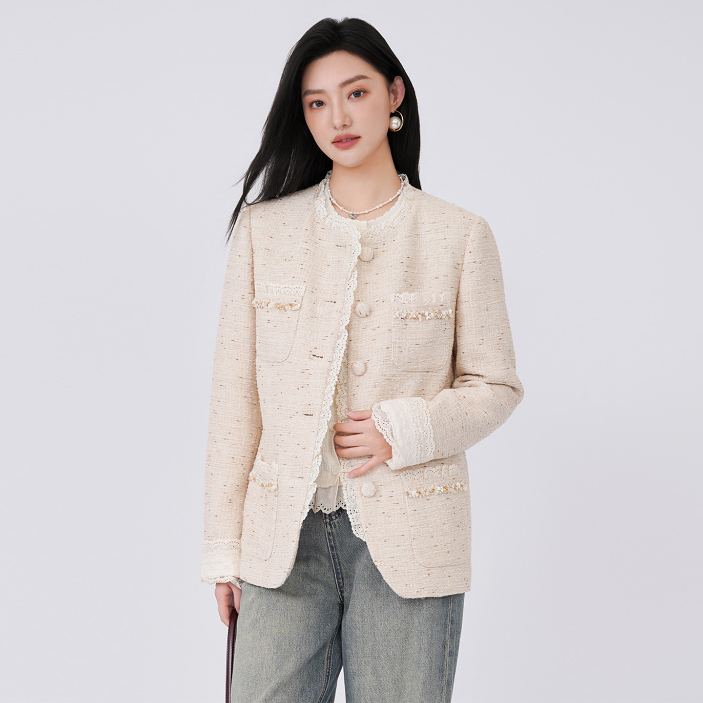 法柚2026春装新品小香风长袖短外套纽扣花边设计休闲百搭款女装,女装/女士精品,短外套,淘宝优惠券,粉丝福利购,淘宝优惠卷