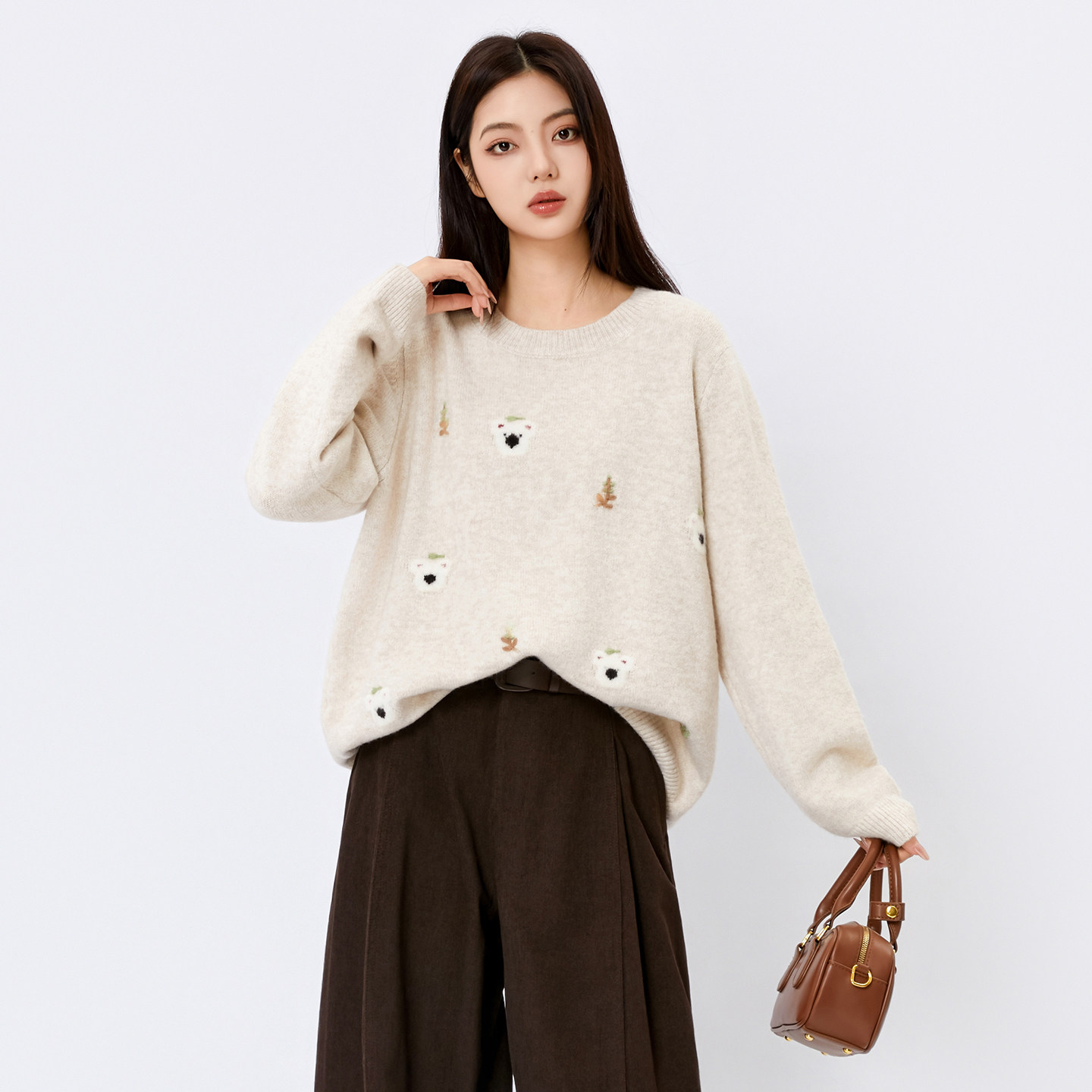 法柚毛衣针织衫2025冬季韩系穿搭立体花朵小狗刺绣设计感羊毛衫女